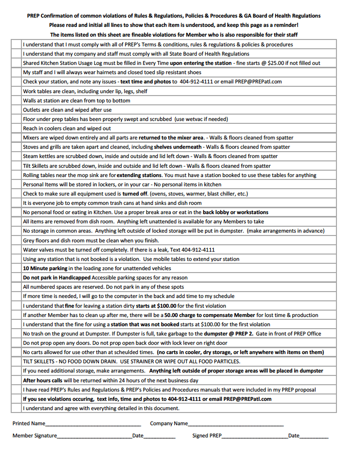 Shared Kitchen Update Prep Do Not Fill Out This Sheet Send Form Back To Prep Must Be A Face Meeting In S Office